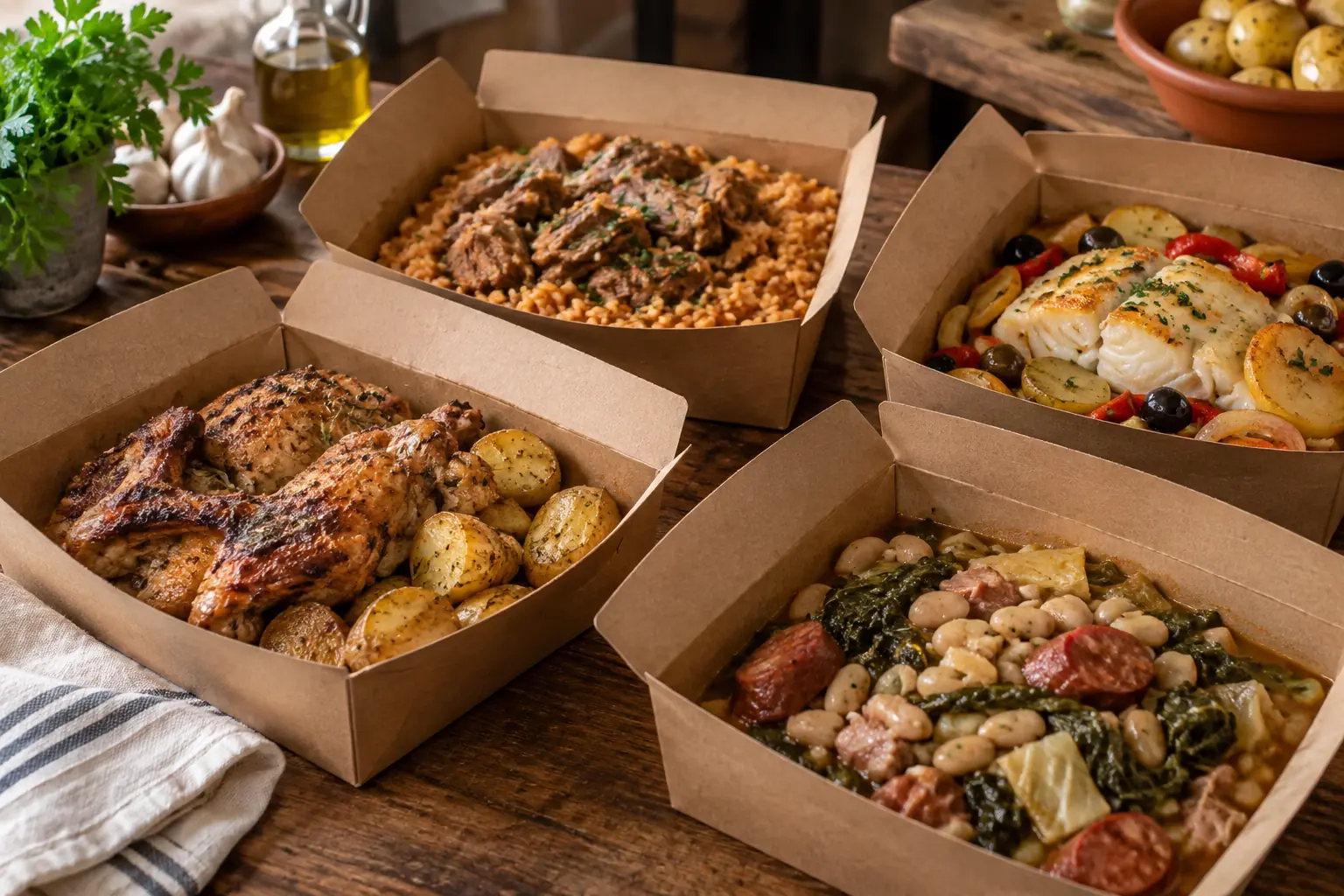 Pratos de cozinha portuguesa preparados para takeaway